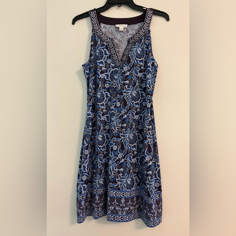 41 Hawthorn, Magnolia Grace Sleeveless Dress, blue and brown, size medium petite